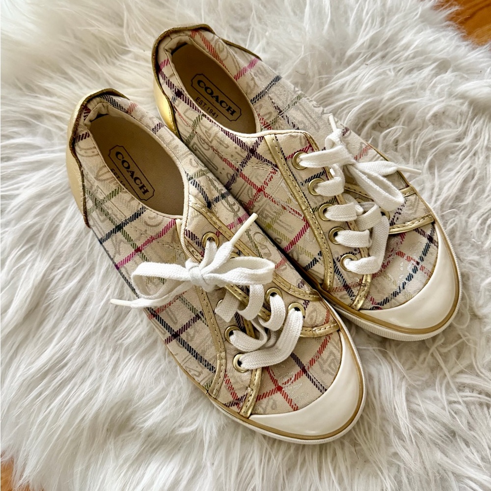 SALE! Coach Barrett Women's Checkered Sneakers - Gold and Cream